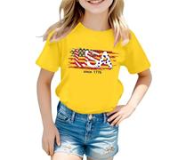 T Shirts for Girls UK Patriotic Short Sleeve Shirts Independence Day Flag Print Tee Comfortable Casual Summer Crop Tops for Toddler Kids (E-Yellow, 5-6 Years)