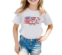 T Shirts for Girls UK Patriotic Short Sleeve Shirts Independence Day Flag Print Tee Comfortable Casual Summer Crop Tops for Toddler Kids (E-White, 5-6 Years)