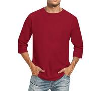 T-Shirts for Men Crew Neck Plain 3/4 Sleeve T-Shirt Basic T-Shirt Men Three-Quarter Sleeve Shirt Grandad Shirt Dad Tops Oversized T-Shirt Running Shirt Work Shirt Casual Shirts, Wine Red, M