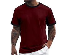 T Shirts for Men UK Short Sleeve Summer Tops European Casual Loose Fit Vertical Stripe Color Block Round Neck Short Sleeve T-Shirt Trendy Business Comfortable Top (2-Red, M)