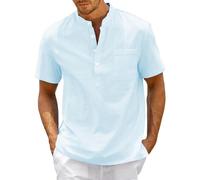 T Shirts for Men UK Summer Causal Solid Color Button Down V Neck Short Sleeve T Shirt Loose Fit Stand Collar Stylish Classic Henley Shirts Breathable Lightweight Comfy Daily Sport Running Tshirt Blue