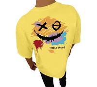 T-shirts for men with crew neck, short sleeves, for summer, with letters, face print, pullover tops, yellow, 3XL