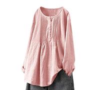 T Shirts for Women Plus Size Loose Long Sleeve Shirts Button Down Blouse Tops Round Neck Longline Tee Shirts Solid Oversized Crinkle Tunic Tops for Order Placed Me 2024 Pink