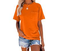 T Shirts for Women Short Sleeve Crew Neck Basic Summer Tee Tops with Pocket Casual Loose Fitting Blouse Orange