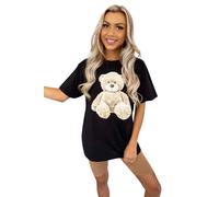 T-Shirts for Women Short Sleeve Round Neck Oversized Slogan Printed Tshirt Long Casual Summer Baggy Fashion Ladies Tees Plus Size Tshirts Tops Teddy Bear-Black-XL