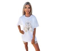 T-Shirts for Women Short Sleeve Round Neck Oversized Slogan Printed Tshirt Long Casual Summer Baggy Fashion Ladies Tees Plus Size Tshirts Tops Teddy Bear-White-ML