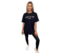 T-Shirts for Women Short Sleeve Round Neck Oversized Slogan Printed Tshirt Long Casual Summer Baggy Fashion Ladies Tees Plus Size Tshirts Tops C'est La Vie-Black-ML