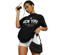 T-Shirts for Women Short Sleeve Round Neck Oversized Slogan Printed Tshirt Long Casual Summer Baggy Fashion Ladies Tees Plus Size Tshirts Tops New York Down Town-Black-SM
