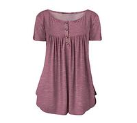 T Shirts for Women Spring and Summer Casual Loose Fit Round Neck Button Pleat Decoration Short Sleeved Loose Hem Top for Daily Party (Pink, XXL)
