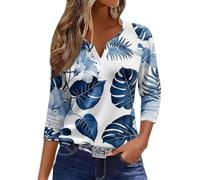 T Shirts for Women UK, Basic Tops Shirt Pink Tops for Women Trendy Summer 3/4 Sleeve V Neck Floral Fashion Shirts Black Short Top Personalised Purple(Blue1,Large)