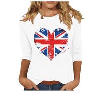 T Shirts for Women UK Casual Tees Tunic Ladies Blouses Pullover Loose Trendy Union Jack Work Clothes England Flag Print Activewear Tunic Tops 3/4 Sleeve
