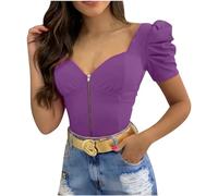 T Shirts for Women UK Clearance 2024 Women's Summer Sexy U-Neck Puffy Sleeve Front Zipper Top Tops Summer Henley T Shirts Plus Size Blouses Basic Tees Y2k Going Out Tops