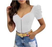 T Shirts for Women UK Clearance 2024 Women's Summer Sexy U-Neck Puffy Sleeve Front Zipper Top Tops Summer Henley T Shirts Plus Size Blouses Basic Tees Y2k Going Out Tops