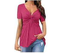 T Shirts for Women UK Clearance,Ladies Tie Front Blouse Elegant Going Out Tops Short Sleeve Shirt Low Cut V Neck Loose Summer Tee Shirt Pleated Floaty Work Dressy Longline Tunic Tops Hot Pink