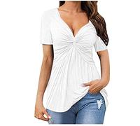 T Shirts for Women UK Clearance,Ladies Tie Front Blouse Elegant Going Out Tops Short Sleeve Shirt Low Cut V Neck Loose Summer Tee Shirt Pleated Floaty Work Dressy Longline Tunic Tops Deals White