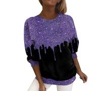 T Shirts for Women UK Plus Size Glitter Sequins Printed O Neck Loose Tunic Tops Fashion Long Sleeve Longline Pullover Baggy Blouse Large Size Tee Sales Today Clearance Purple