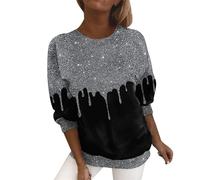 T Shirts for Women UK Plus Size Glitter Sequins Printed O Neck Loose Tunic Tops Fashion Long Sleeve Longline Pullover Baggy Blouse Large Size Tee Deals of The Day Sale Prime Silver