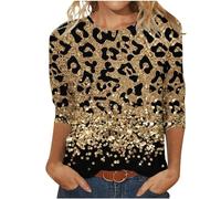 T Shirts for Women UK Sale Clearance Glitter Shiny Print 3/4 Sleeve Blouse Regular Fit Graphic T-Shirt Casual Pullover Sweatshirts Round Neck Tunic for Ladies UK Size S-5XL