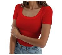 T Shirts for Women UK Tops Square Neck Ribbed Slim Fitted Shirts Casual Tee Tshirt Casual Streetwear(Red, XXL)