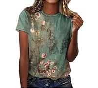 T Shirts for Women UK Warehouse Deals Clearance Vintage Floral Printed Short Sleeve Tunic Tops Loose Crew Neck Tshirts Summer Casual Tees Elegant Ladies Blouses S-3XL Army Green