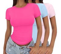 T Shirts for Women UK,Womens 3 Pack Short Sleeve Crop Tops Crew Neck Basic T-Shirts Stretch Fitted Plain Summer Casual Tunic Blouse Y2K Going Out Aesthetic Streetwear Slim Fit Clothes XS-XL F