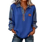 T Shirts for Women UK, Women's Denim Patchwork Sweatshirt Pullover Long Sleeve V-Neck Shirt Blouse Button Down Shirts Trendy Ladies Blouses Tops Casual Lightweight Spring Fall Outfits