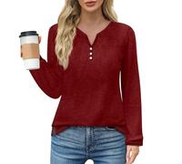 T Shirts for Women, Yours Clothing Plus Size Tops, Long Sleeve Plus Size Home Pullover Split Neck Fall Slacking Slim Shirt Comfy Button Solid Color Tunics