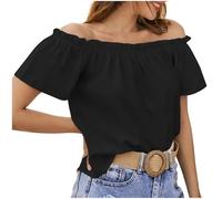 T Shirts for WomenOff The Shoulder Sexy Ladies Tunic Blouse Plain Puff Sleeve Pullover Summer Shirts Loose Stretchy Dressy Fashion Tshirt Casual Tops for Holiday, Beach and Office