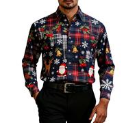 T Shirts Mens UK Christmas Funny Printed Blouse Long Sleeve Button Down Lapel Santa Claus Gnome Tops Men's Xmas Tree Snowflake Loose Pullover Holiday Party Xmas Gifts Shirt Formal Ugly Polo