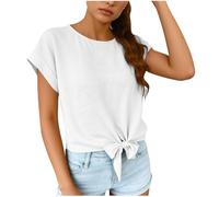 T-Shirts Women UK Front Tie Knot Hem Short Sleeve Shirt Round Neck Rolled Cuff Casual Tee Solid Color Lightweight Summer Top for Ladies Crop Tops Y2K Fashion Work Blouse Daily Wear