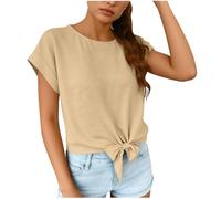 T-Shirts Women UK Front Tie Knot Hem Short Sleeve Shirt Round Neck Rolled Cuff Casual Tee Solid Color Lightweight Summer Top for Ladies Crop Tops Y2K Fashion Work Blouse Daily Wear