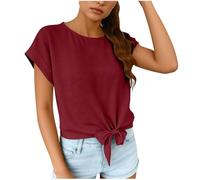 T-Shirts Women UK Front Tie Knot Hem Short Sleeve Shirt Round Neck Rolled Cuff Casual Tee Solid Color Lightweight Summer Top for Ladies Crop Tops Y2K Fashion Work Blouse Daily Wear