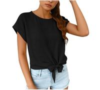T-Shirts Women UK Front Tie Knot Hem Short Sleeve Shirt Round Neck Rolled Cuff Casual Tee Solid Color Lightweight Summer Top for Ladies Crop Tops Y2K Fashion Work Blouse Daily Wear