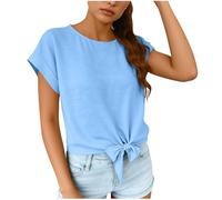 T-Shirts Women UK Front Tie Knot Hem Short Sleeve Shirt Round Neck Rolled Cuff Casual Tee Solid Color Lightweight Summer Top for Ladies Crop Tops Y2K Fashion Work Blouse Daily Wear
