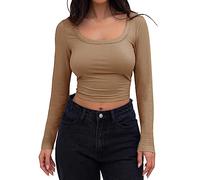 T Shirts Women UK Women's Long Sleeve Crop Top Ribbed Slim Fitted Casual Sexy Tight Fitting T Shirt Tops Women Tops Womens Soft Shirt Plus Size Warehouse Clearance Bargains Sale Brown