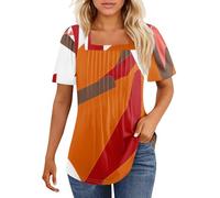 T-Shirts Women's Tunic Elegant Square Neck Shirts Puff Sleeve Blouses Short Sleeve Tee Front Pleated Tops Solid Color Shirts Curved Hem Sweatshirt 2025(6-Saffron,3XL)