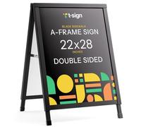 Outdoor A-Frame Sidewalk Sign 22x28 Inch Sandwich Board, Black Coated Steel Metal Double-Sided, Heavy Duty Slide-in Folding Frame Sign Holder, 2 Corrugated Plastic Poster Boards, Display Stand