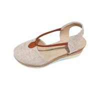T Strap Espadrille Wedges for Women Canvas Slingback Orthopendic Sandals Closed Toe Elastic Strap Woven Midsole Breathable Comfortable Shoes For Summer Walks,Beige, Size 6