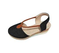 T Strap Espadrille Wedges for Women Canvas Slingback Orthopendic Sandals Closed Toe Elastic Strap Woven Midsole Breathable Comfortable Shoes For Summer Walks,Black, Size 7
