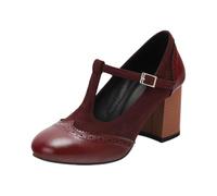 T-strap heel with buckle design, modern dress heels for parties, evening wear, women's high heels with block heel, toe cap, Wine Red, 8 UK