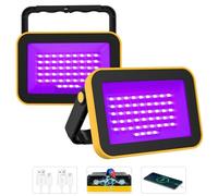 T-SUN 2 Pieces 60W Rechargeable Black LED Light, IP66 Waterproof UV LED Projector with 180° Rotating Stand, Magnet, Tripod Hole for Glow Party, Halloween, Neon Party