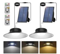 T-SUN Solar Pendant Light Outdoor, 2 Pack Solar Shed Lights Indoor with Remote Control, IP65 Waterproof Shop Light, 3000K/4000K/6000K, Perfect for Barn Chicken Coop Garage Courtyard Balcony