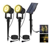T-SUN Solar Spotlights, IP65 Waterproof, 270° Angle Adjustable, Yellow | 9.8ft Cable Lenght, Auto On/Off with 2 Dual Spot Headlamp Garden Lamp Landscape Lamp for Tree,Patio, 2pcs