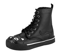 T.U.K. Kitty Combat Boot Sneaker - Vegan Leather - Kitty Character - Easy Entry Side Zipper - 7 Eyelet Lace Up - Women's Boot - Colour Black - Size UK 9