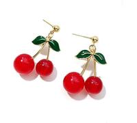 T-ztoss Creative LightWeight 3D Red Fruits Cherry Earrings for Women,Sweet & Green Crystal Earrings,Leaf Lovely Cherry Dangle Earrings, Small, Acrylic, No Gemstone