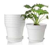 T4U 17CM Plastic Plant Pots 6-Pack, Large Flower Planter with Drainage Hole and Saucer, Classic Indoor Outdoor White Plant Pots for Orchid, Penoy, Rose, Snake Plant, Aloe, Tulips, Peace Lily