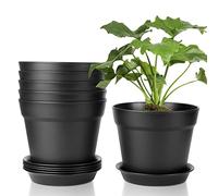 T4U 17CM Plastic Plant Pots 6-Pack, Large Flower Planter with Drainage Hole and Saucer, Classic Indoor Outdoor Black Plant Pots for Orchid, Penoy, Rose, Snake Plant, Aloe, Tulips, Peace Lily