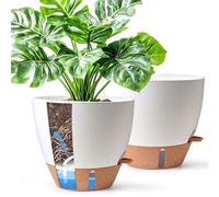 T4U 25cm Self Watering Plant Pots, Plastic White Plant Pots Indoor 2 Pack | Water level indicator, Deep reservoir, Mess-free bonsai flower pot, Brown tray, Peace lily snake plants, Busy homes beginners