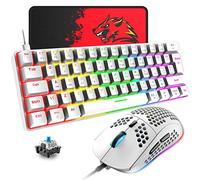 T60 UK Layout 60% Mechanical Keyboard and Mouse Set, Compact 62 Keys Mini Wired Gaming Keyboard 19 Rainbow Backlit + 6400DPI RGB Ultra-Light PC Gaming Mice + Mouse Pad For Laptop/MAC-White/Blue Switch