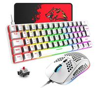 T60 UK Layout 60% Mechanical Keyboard and Mouse Set, Compact 62 Keys Mini Wired Gaming Keyboard 19 Rainbow Backlit + 6400DPI RGB Ultra-Light PC Gaming Mice + Mouse Pad For Laptop/MAC-White/Red Switch